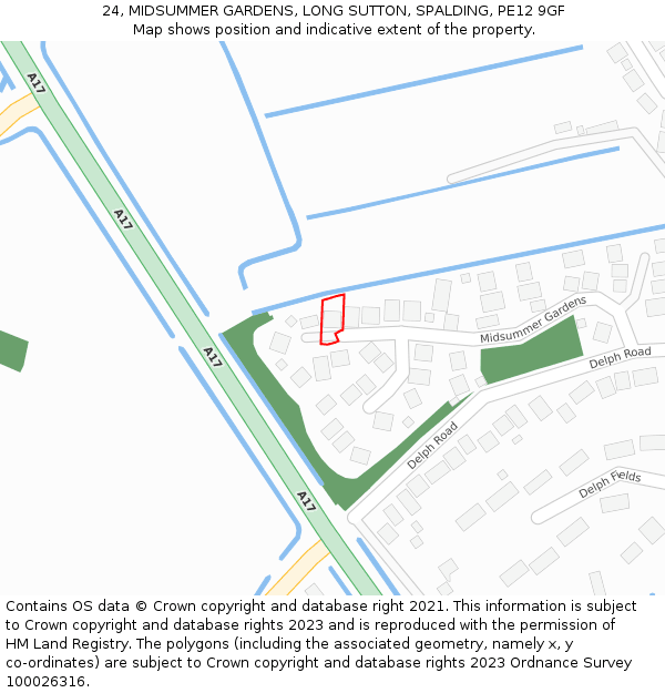 24, MIDSUMMER GARDENS, LONG SUTTON, SPALDING, PE12 9GF: Location map and indicative extent of plot