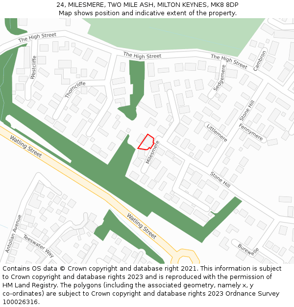 24, MILESMERE, TWO MILE ASH, MILTON KEYNES, MK8 8DP: Location map and indicative extent of plot