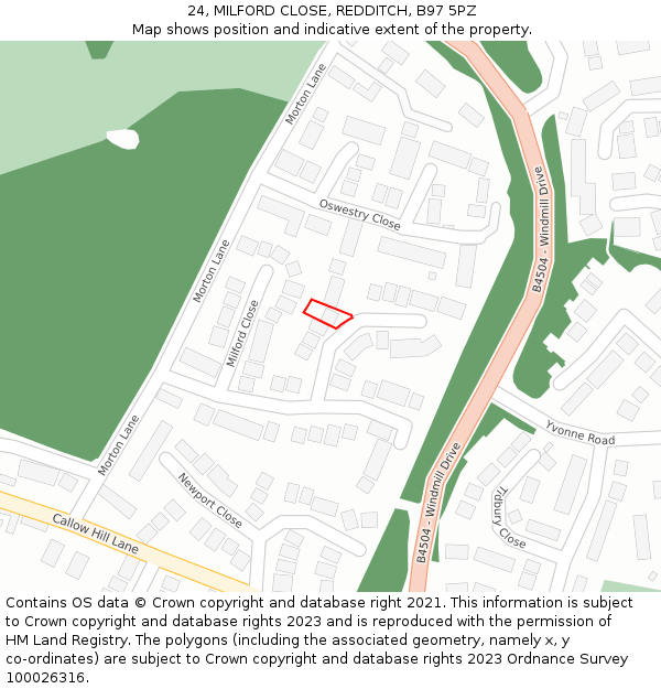 24, MILFORD CLOSE, REDDITCH, B97 5PZ: Location map and indicative extent of plot