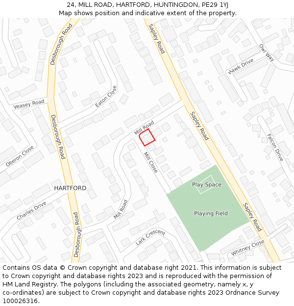 24, MILL ROAD, HARTFORD, HUNTINGDON, PE29 1YJ: Location map and indicative extent of plot