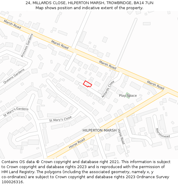 24, MILLARDS CLOSE, HILPERTON MARSH, TROWBRIDGE, BA14 7UN: Location map and indicative extent of plot