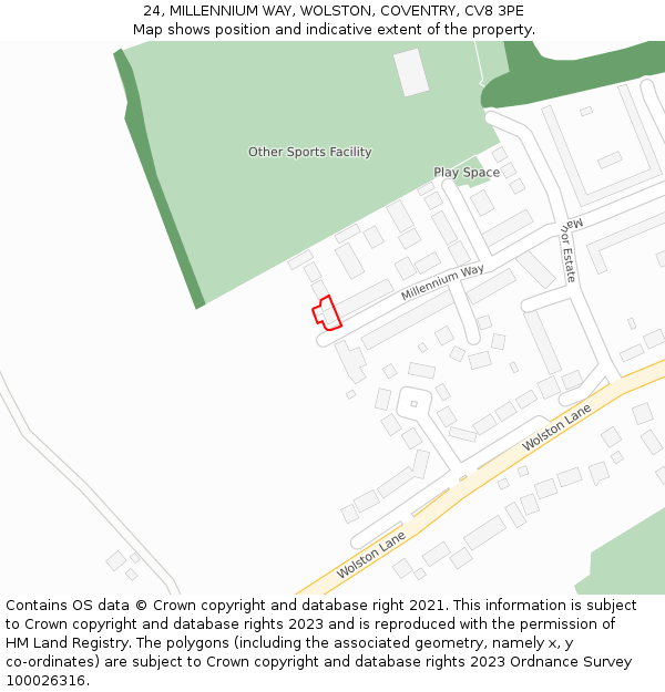 24, MILLENNIUM WAY, WOLSTON, COVENTRY, CV8 3PE: Location map and indicative extent of plot
