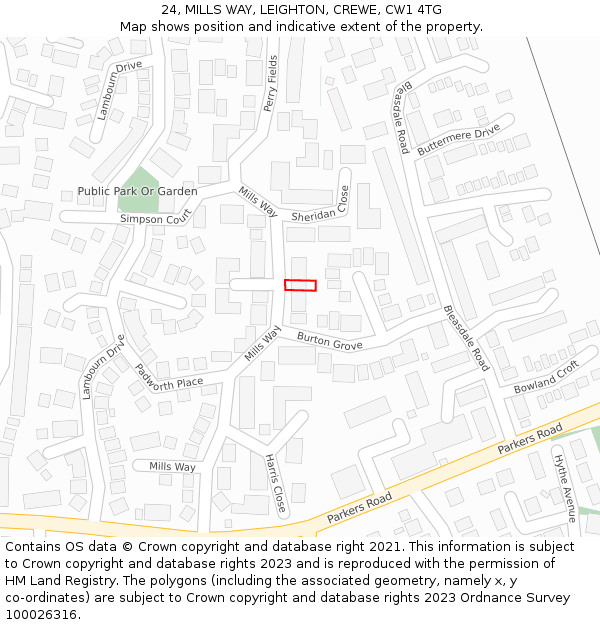 24, MILLS WAY, LEIGHTON, CREWE, CW1 4TG: Location map and indicative extent of plot