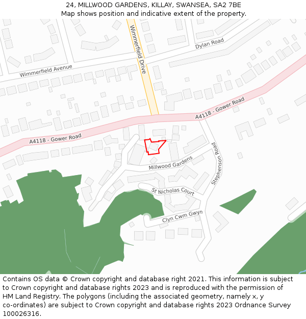 24, MILLWOOD GARDENS, KILLAY, SWANSEA, SA2 7BE: Location map and indicative extent of plot