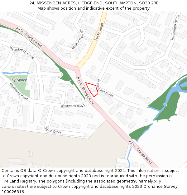 24, MISSENDEN ACRES, HEDGE END, SOUTHAMPTON, SO30 2RE: Location map and indicative extent of plot