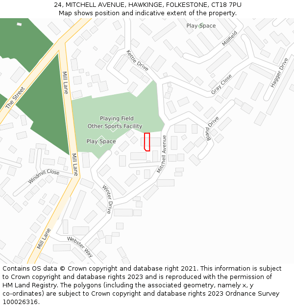 24, MITCHELL AVENUE, HAWKINGE, FOLKESTONE, CT18 7PU: Location map and indicative extent of plot