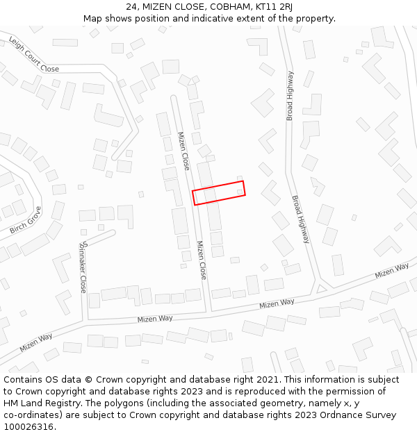 24, MIZEN CLOSE, COBHAM, KT11 2RJ: Location map and indicative extent of plot
