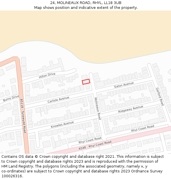 24, MOLINEAUX ROAD, RHYL, LL18 3UB: Location map and indicative extent of plot