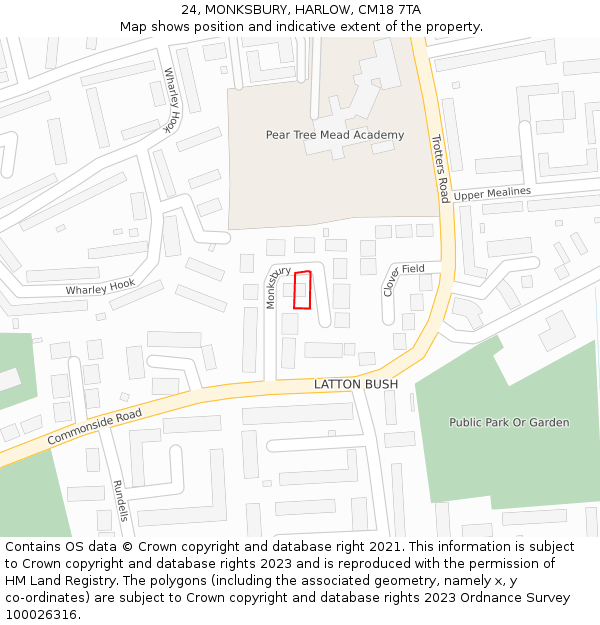 24, MONKSBURY, HARLOW, CM18 7TA: Location map and indicative extent of plot