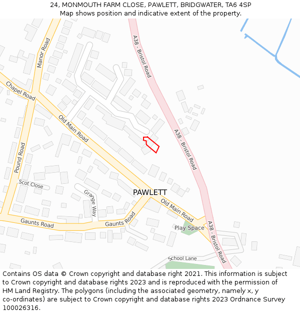 24, MONMOUTH FARM CLOSE, PAWLETT, BRIDGWATER, TA6 4SP: Location map and indicative extent of plot