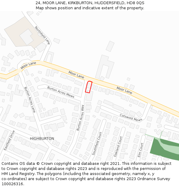 24, MOOR LANE, KIRKBURTON, HUDDERSFIELD, HD8 0QS: Location map and indicative extent of plot