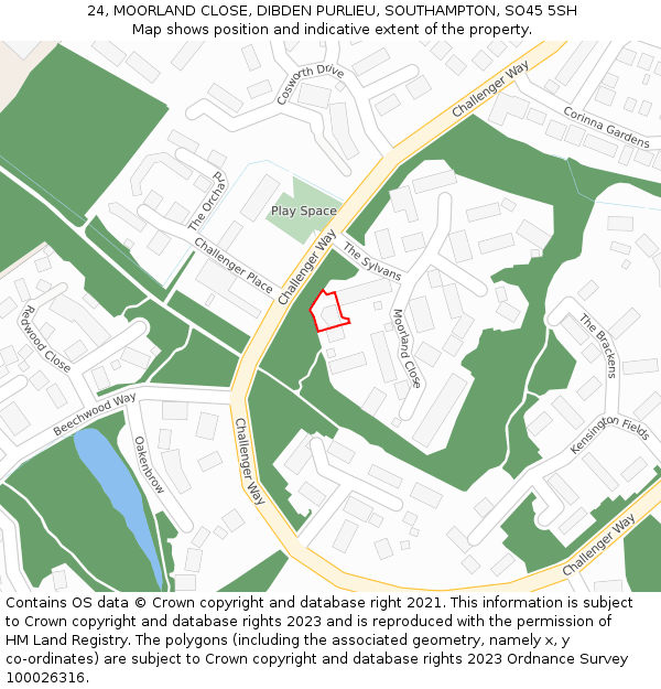 24, MOORLAND CLOSE, DIBDEN PURLIEU, SOUTHAMPTON, SO45 5SH: Location map and indicative extent of plot