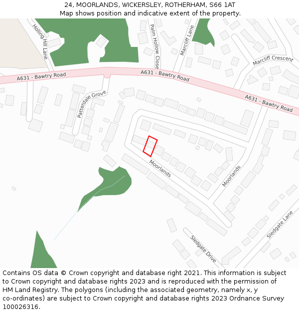 24, MOORLANDS, WICKERSLEY, ROTHERHAM, S66 1AT: Location map and indicative extent of plot