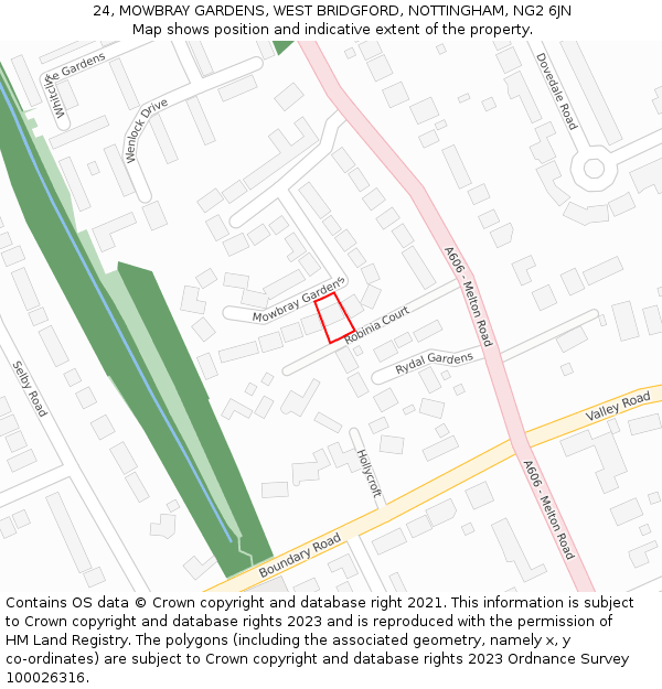 24, MOWBRAY GARDENS, WEST BRIDGFORD, NOTTINGHAM, NG2 6JN: Location map and indicative extent of plot