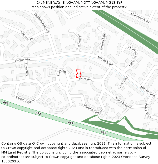 24, NENE WAY, BINGHAM, NOTTINGHAM, NG13 8YF: Location map and indicative extent of plot