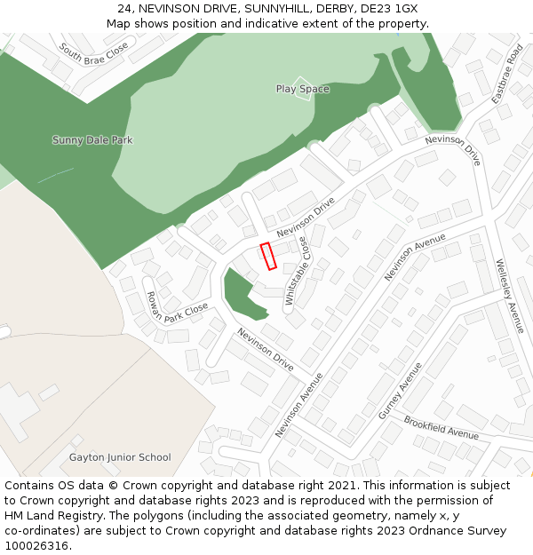 24, NEVINSON DRIVE, SUNNYHILL, DERBY, DE23 1GX: Location map and indicative extent of plot