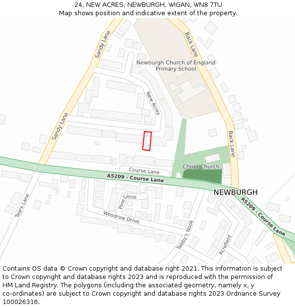 24, NEW ACRES, NEWBURGH, WIGAN, WN8 7TU: Location map and indicative extent of plot