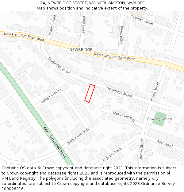 24, NEWBRIDGE STREET, WOLVERHAMPTON, WV6 0EE: Location map and indicative extent of plot