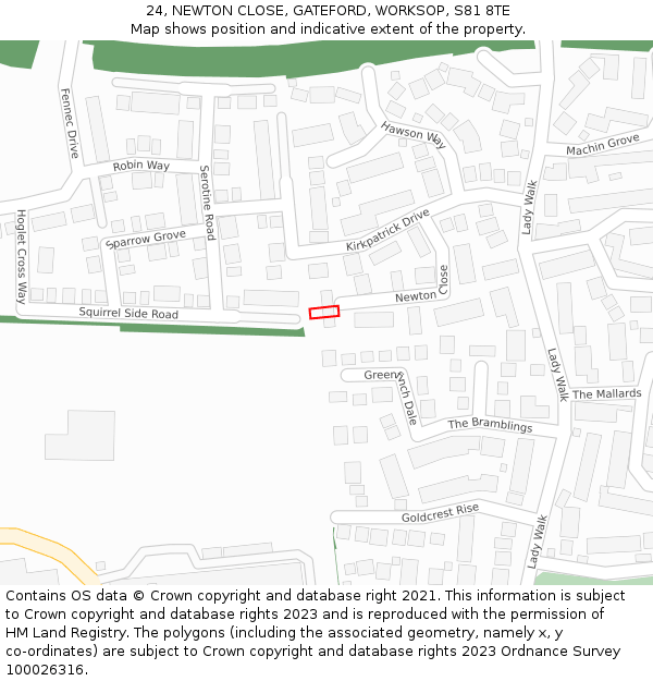 24, NEWTON CLOSE, GATEFORD, WORKSOP, S81 8TE: Location map and indicative extent of plot