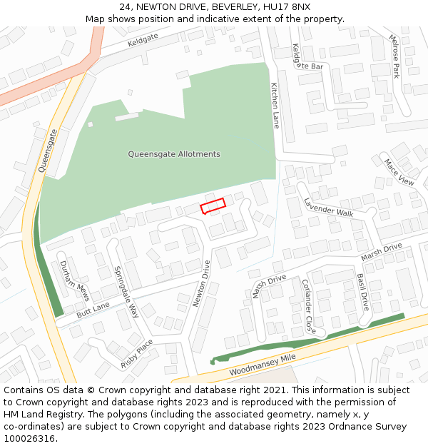 24, NEWTON DRIVE, BEVERLEY, HU17 8NX: Location map and indicative extent of plot