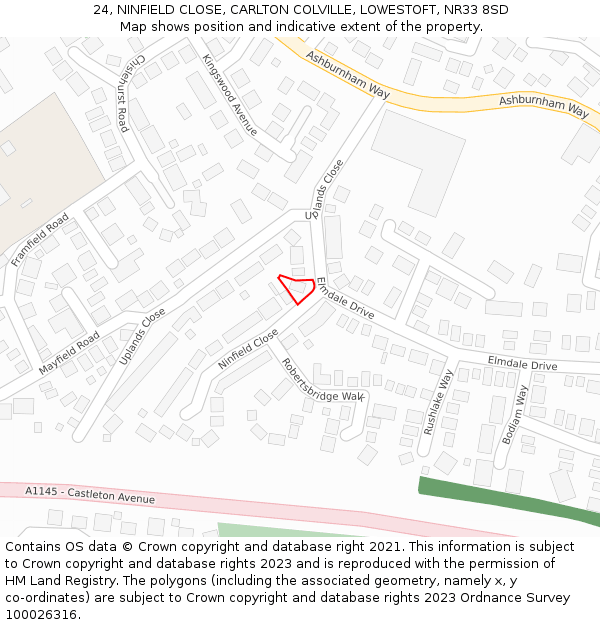 24, NINFIELD CLOSE, CARLTON COLVILLE, LOWESTOFT, NR33 8SD: Location map and indicative extent of plot