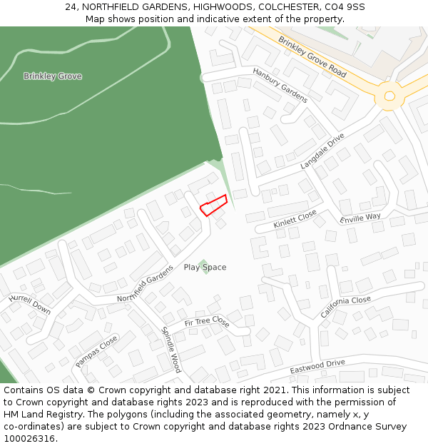 24, NORTHFIELD GARDENS, HIGHWOODS, COLCHESTER, CO4 9SS: Location map and indicative extent of plot