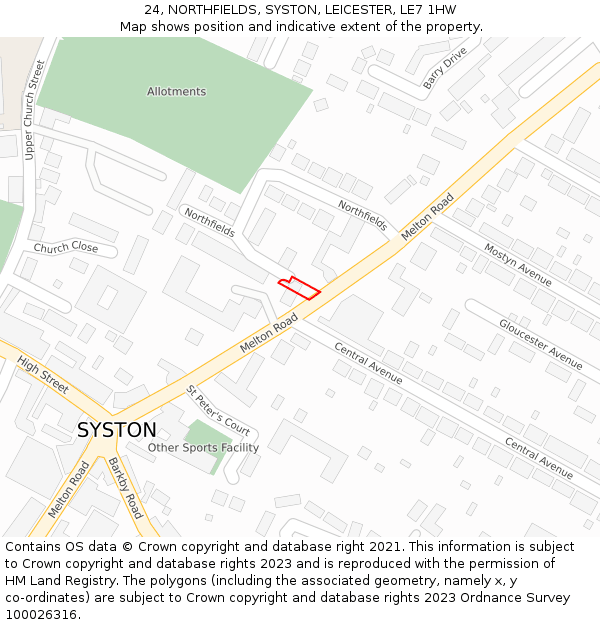 24, NORTHFIELDS, SYSTON, LEICESTER, LE7 1HW: Location map and indicative extent of plot