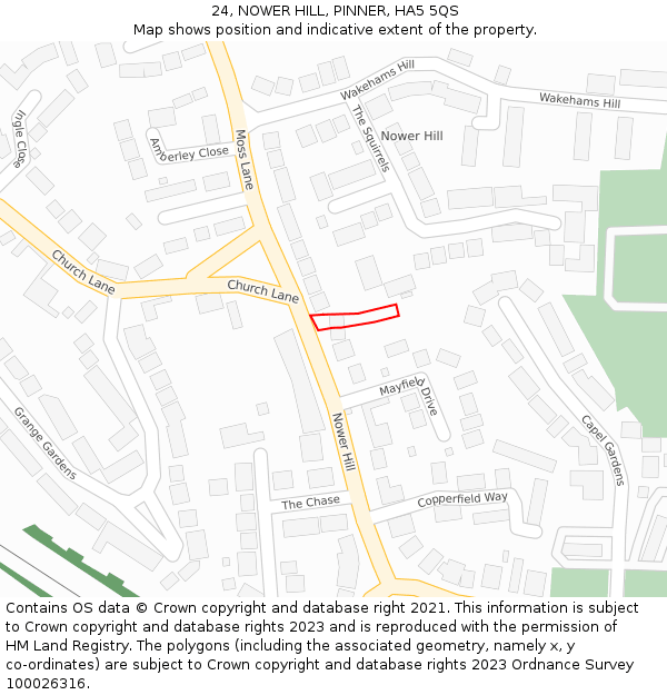 24, NOWER HILL, PINNER, HA5 5QS: Location map and indicative extent of plot