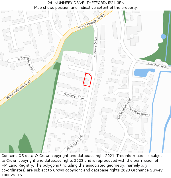 24, NUNNERY DRIVE, THETFORD, IP24 3EN: Location map and indicative extent of plot
