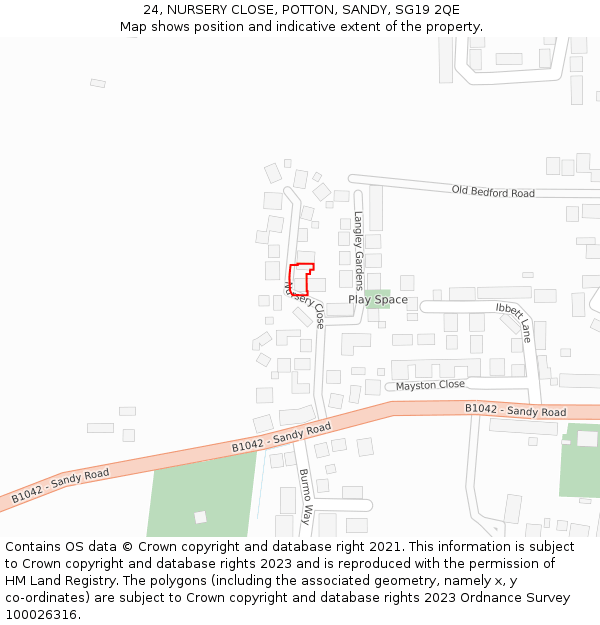 24, NURSERY CLOSE, POTTON, SANDY, SG19 2QE: Location map and indicative extent of plot