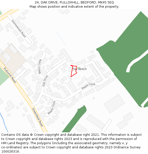24, OAK DRIVE, PULLOXHILL, BEDFORD, MK45 5EQ: Location map and indicative extent of plot