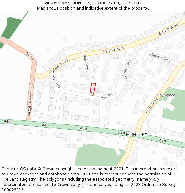24, OAK WAY, HUNTLEY, GLOUCESTER, GL19 3SD: Location map and indicative extent of plot