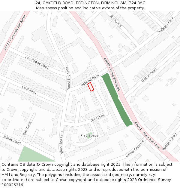 24, OAKFIELD ROAD, ERDINGTON, BIRMINGHAM, B24 8AG: Location map and indicative extent of plot
