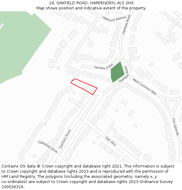 24, OAKFIELD ROAD, HARPENDEN, AL5 2NS: Location map and indicative extent of plot