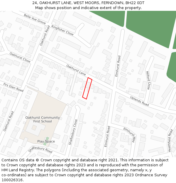 24, OAKHURST LANE, WEST MOORS, FERNDOWN, BH22 0DT: Location map and indicative extent of plot