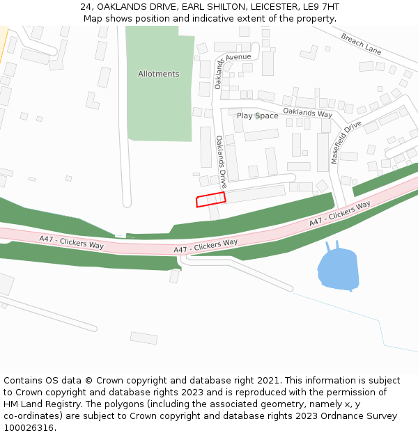 24, OAKLANDS DRIVE, EARL SHILTON, LEICESTER, LE9 7HT: Location map and indicative extent of plot