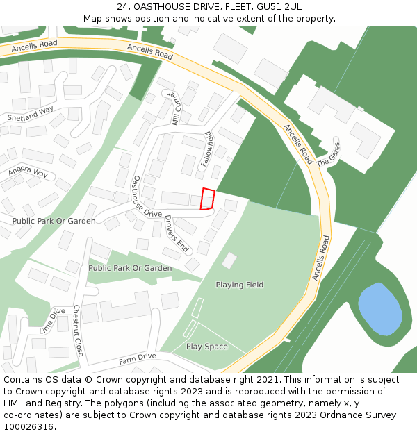 24, OASTHOUSE DRIVE, FLEET, GU51 2UL: Location map and indicative extent of plot