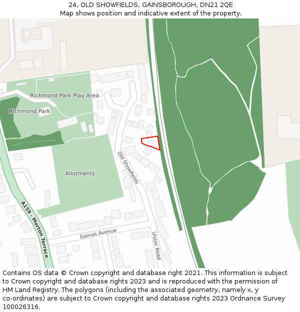 24, OLD SHOWFIELDS, GAINSBOROUGH, DN21 2QE: Location map and indicative extent of plot