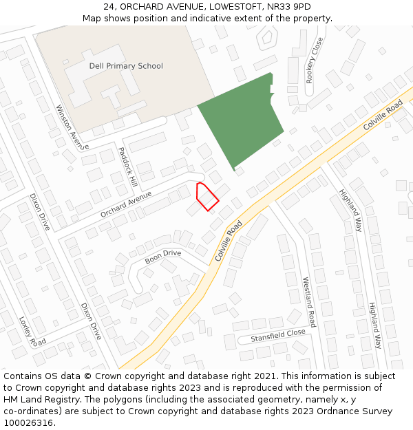 24, ORCHARD AVENUE, LOWESTOFT, NR33 9PD: Location map and indicative extent of plot