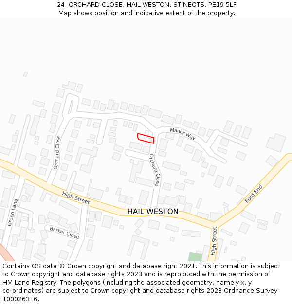 24, ORCHARD CLOSE, HAIL WESTON, ST NEOTS, PE19 5LF: Location map and indicative extent of plot
