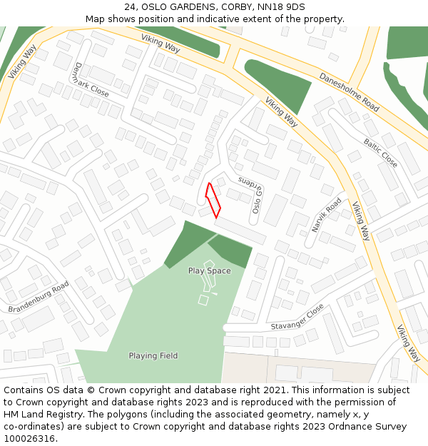 24, OSLO GARDENS, CORBY, NN18 9DS: Location map and indicative extent of plot