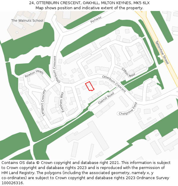 24, OTTERBURN CRESCENT, OAKHILL, MILTON KEYNES, MK5 6LX: Location map and indicative extent of plot