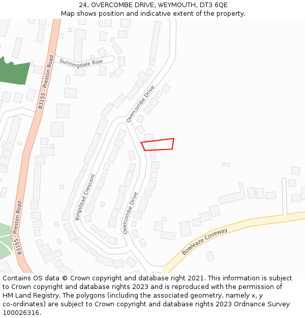 24, OVERCOMBE DRIVE, WEYMOUTH, DT3 6QE: Location map and indicative extent of plot