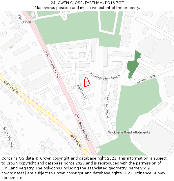 24, OWEN CLOSE, FAREHAM, PO16 7GZ: Location map and indicative extent of plot