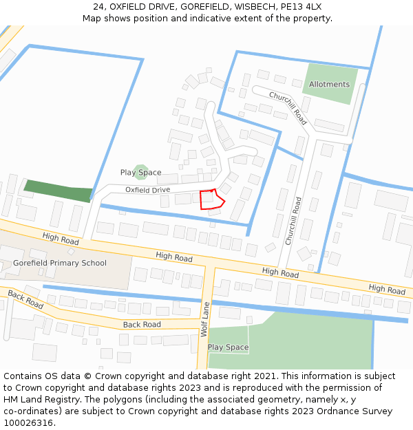 24, OXFIELD DRIVE, GOREFIELD, WISBECH, PE13 4LX: Location map and indicative extent of plot