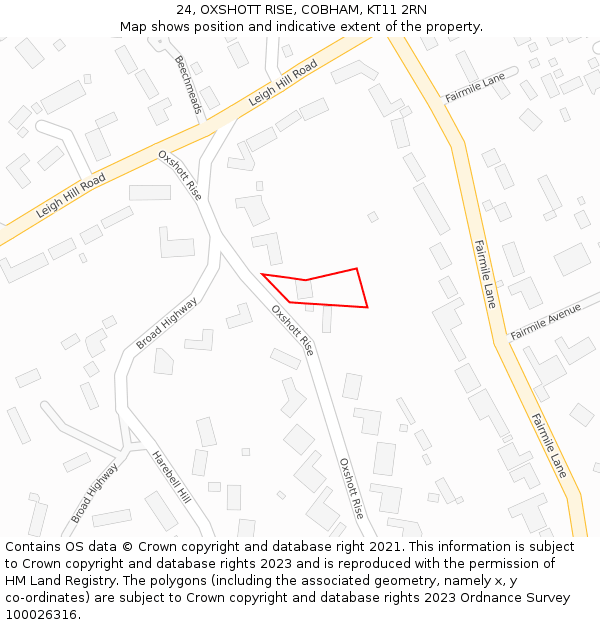 24, OXSHOTT RISE, COBHAM, KT11 2RN: Location map and indicative extent of plot