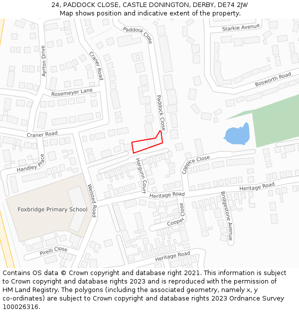 24, PADDOCK CLOSE, CASTLE DONINGTON, DERBY, DE74 2JW: Location map and indicative extent of plot