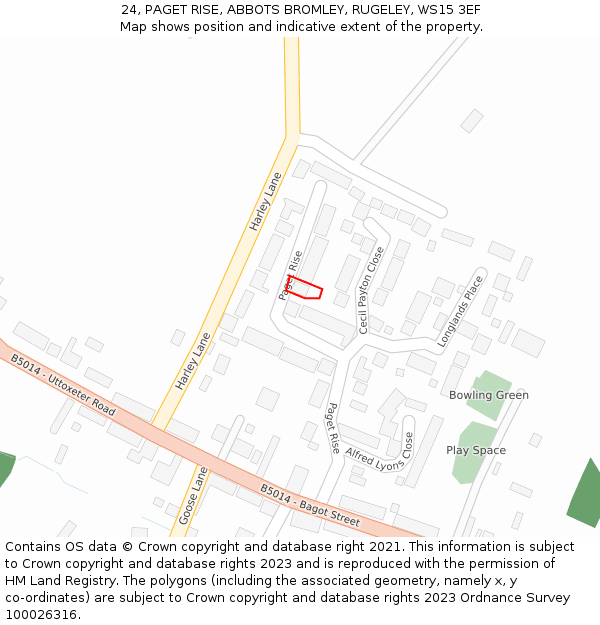 24, PAGET RISE, ABBOTS BROMLEY, RUGELEY, WS15 3EF: Location map and indicative extent of plot