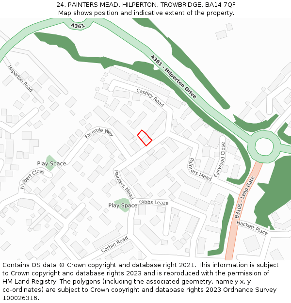 24, PAINTERS MEAD, HILPERTON, TROWBRIDGE, BA14 7QF: Location map and indicative extent of plot