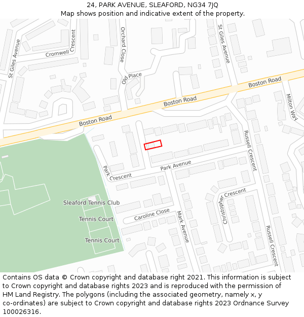 24, PARK AVENUE, SLEAFORD, NG34 7JQ: Location map and indicative extent of plot